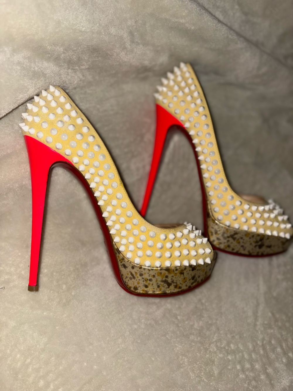 Christian Louboutin Yellow white Studded Platform Pumps & Pink Heels &Red Bottom